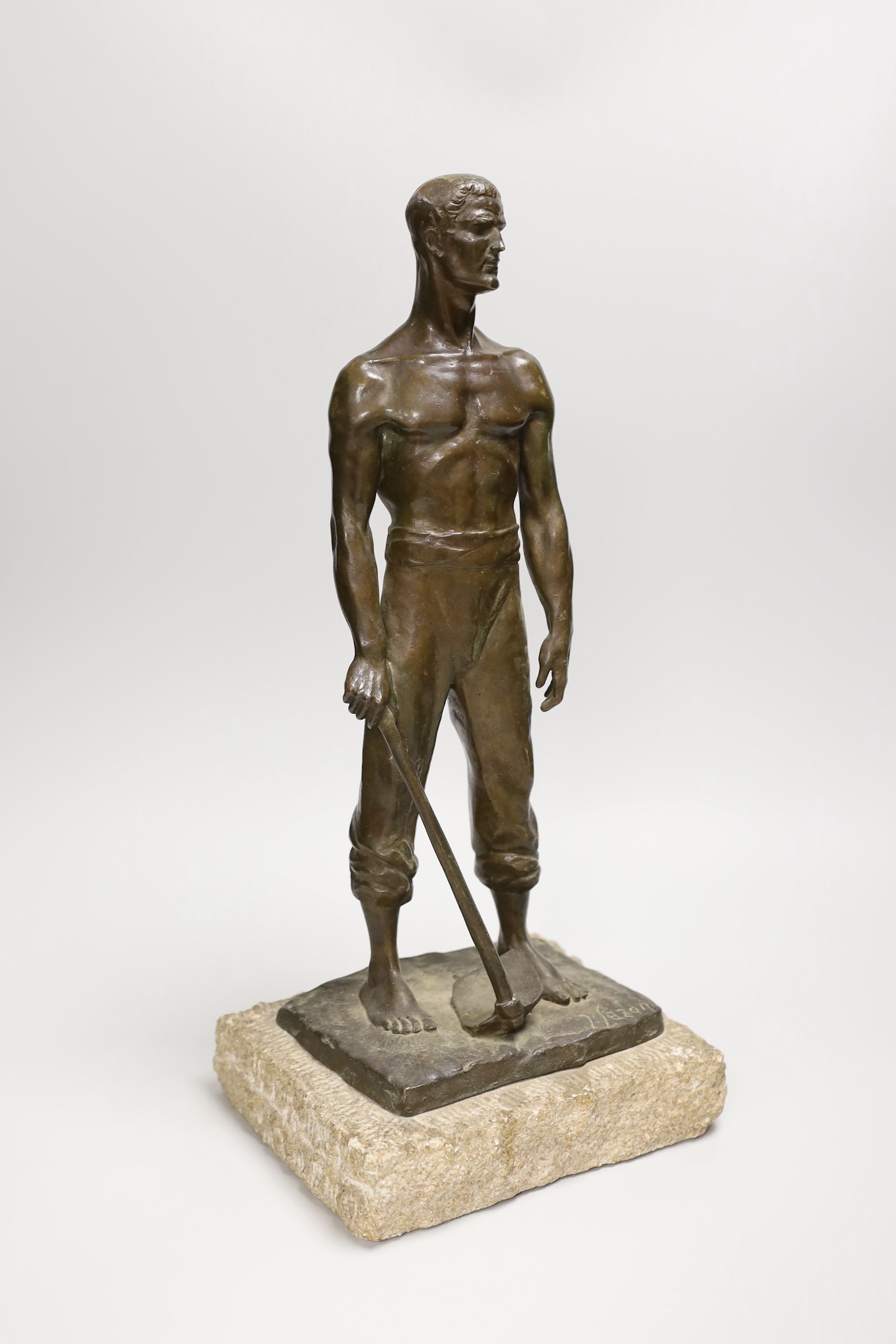An early 20th century bronze figure of a worker. Signed N. Barabotti Nice, to rear of base. 43cm